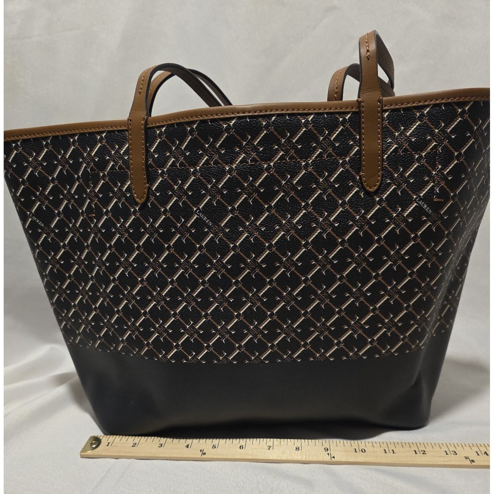 Lauren Ralph Lauren Lightweight Leather Monogram BrownTote Bag w Horseshoe Charm - Picture 5 of 6